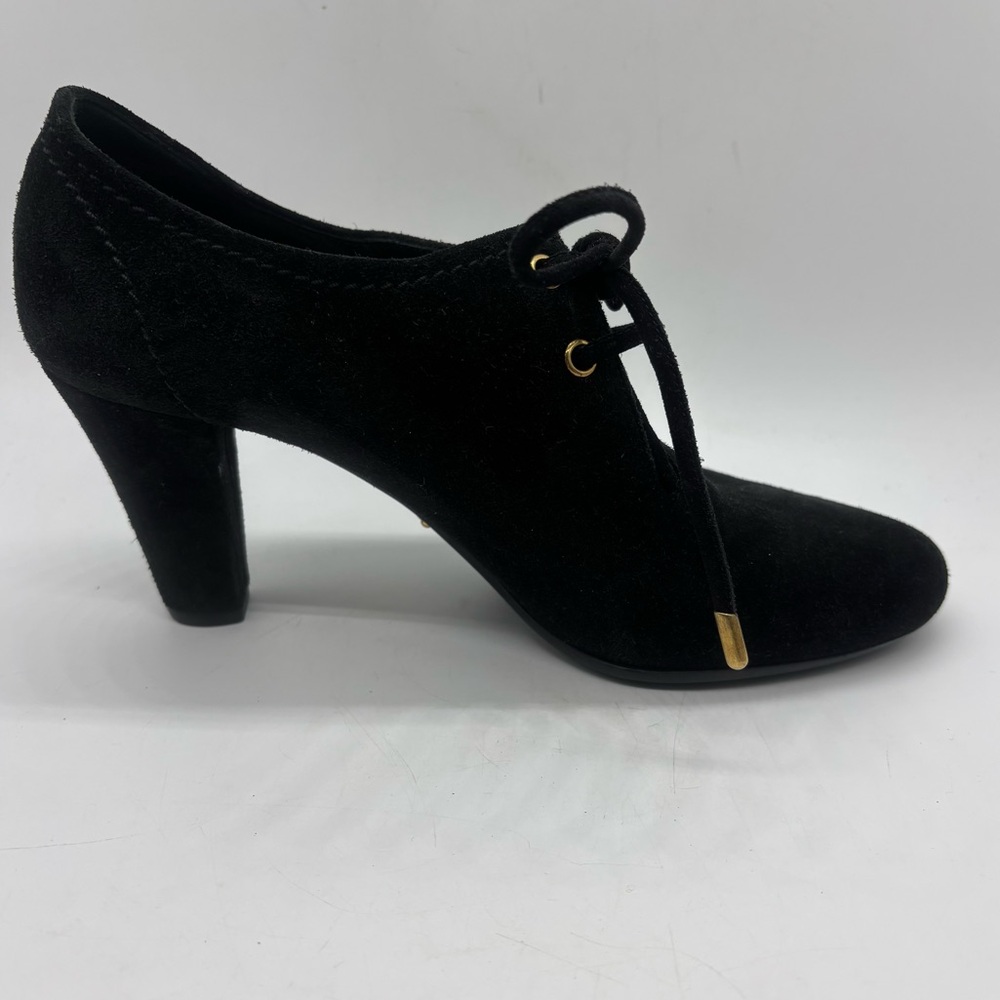 The Original Car Shoe By Prada Black Suede Lace Up Heeled Bootie Sz 38.5 US 7.5